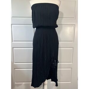 Black Strapless Midi Dress Smocked Waist Tassel Detail‎ Casual